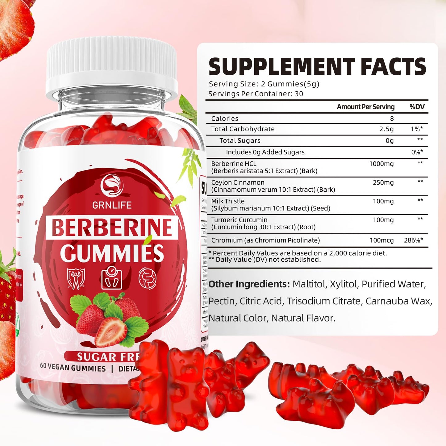GrnLife Berberine Gummies with Ceylon Cinnamon High Potency Berberine HCL Supplement for Immune and Metabolism Support, Sugar Free, Strawberry Flavor, 120 Count