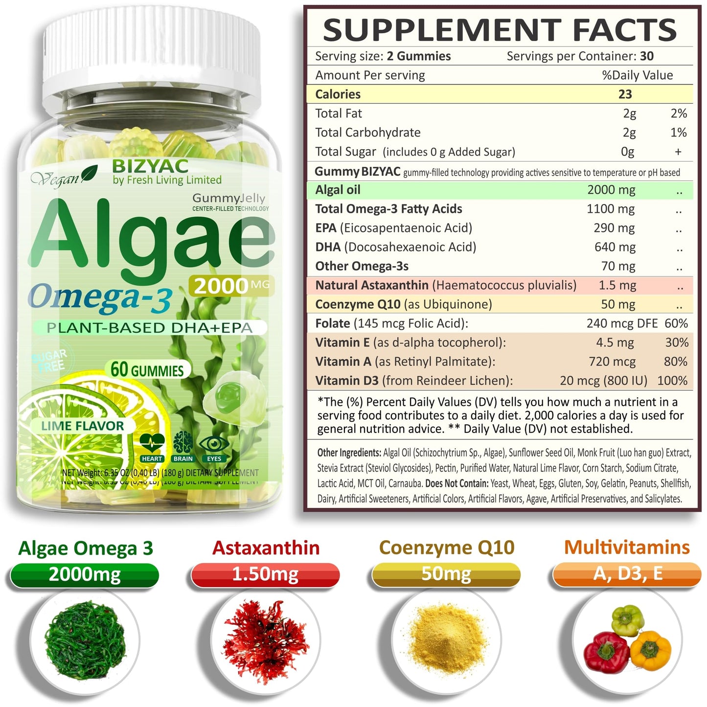 BIZYAC Algae Omega-3 Gummies 2200mg from Algae Oil, DHA 640mg & EPA 290mg, 60 Gummies