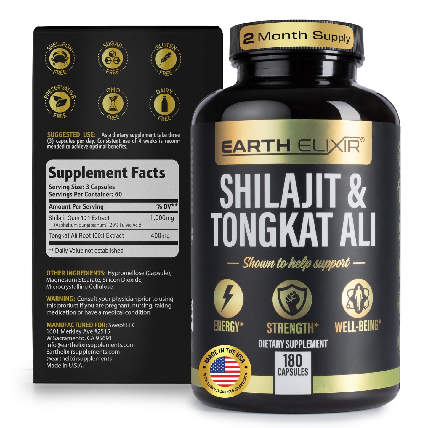 Earth Elixir Shilajit and Tongkat Ali Capsules, 180 Count