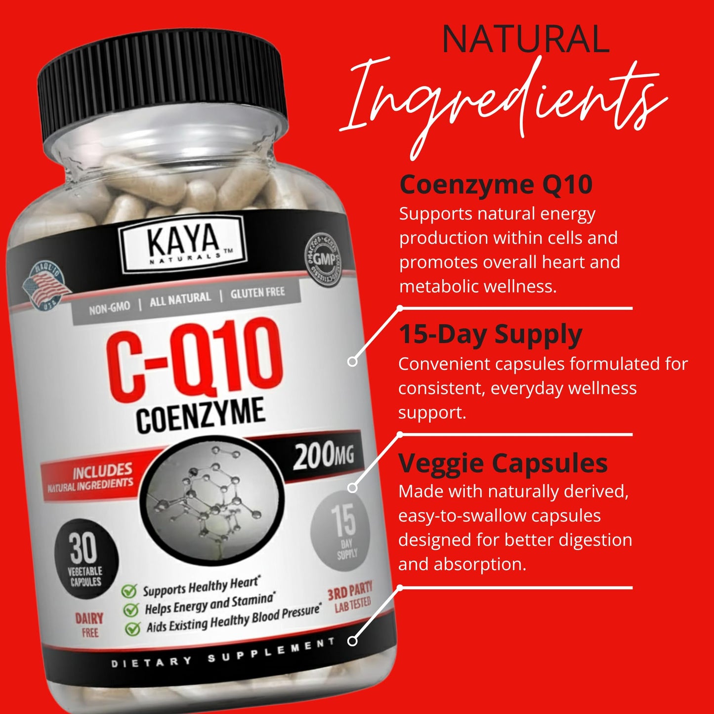 Kaya Naturals CoQ10 Power Antioxidant Supplement for Vascular, Heart Health, Healthy Blood Pressure Levels, and Immune Function - Restores Daily Cellular and Energy Production Capsules 30