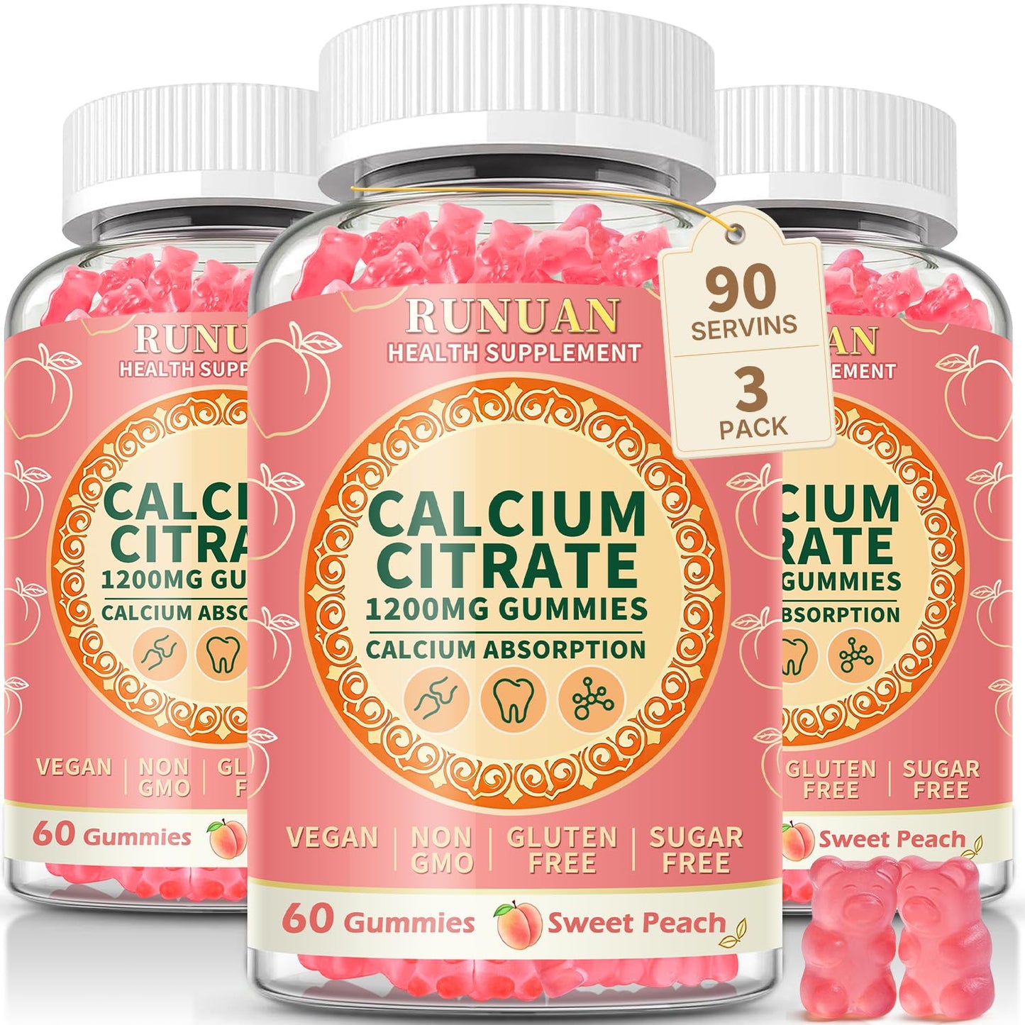 RUNUAN Calcium Citrate Gummies 1200mg Sugar Free, 180 Gummies