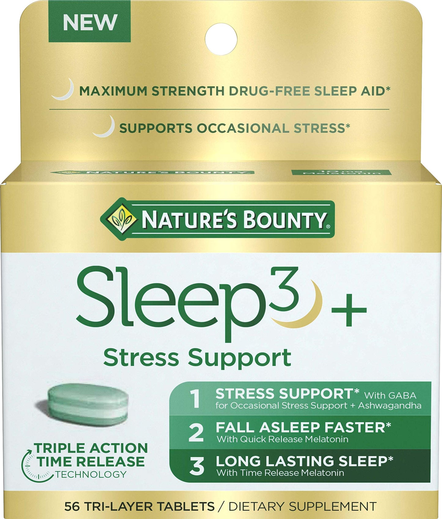 Nature's Bounty Stress Support Plus Melatonin Sleep3 Maximum Strength 10mg, 56 Tablets