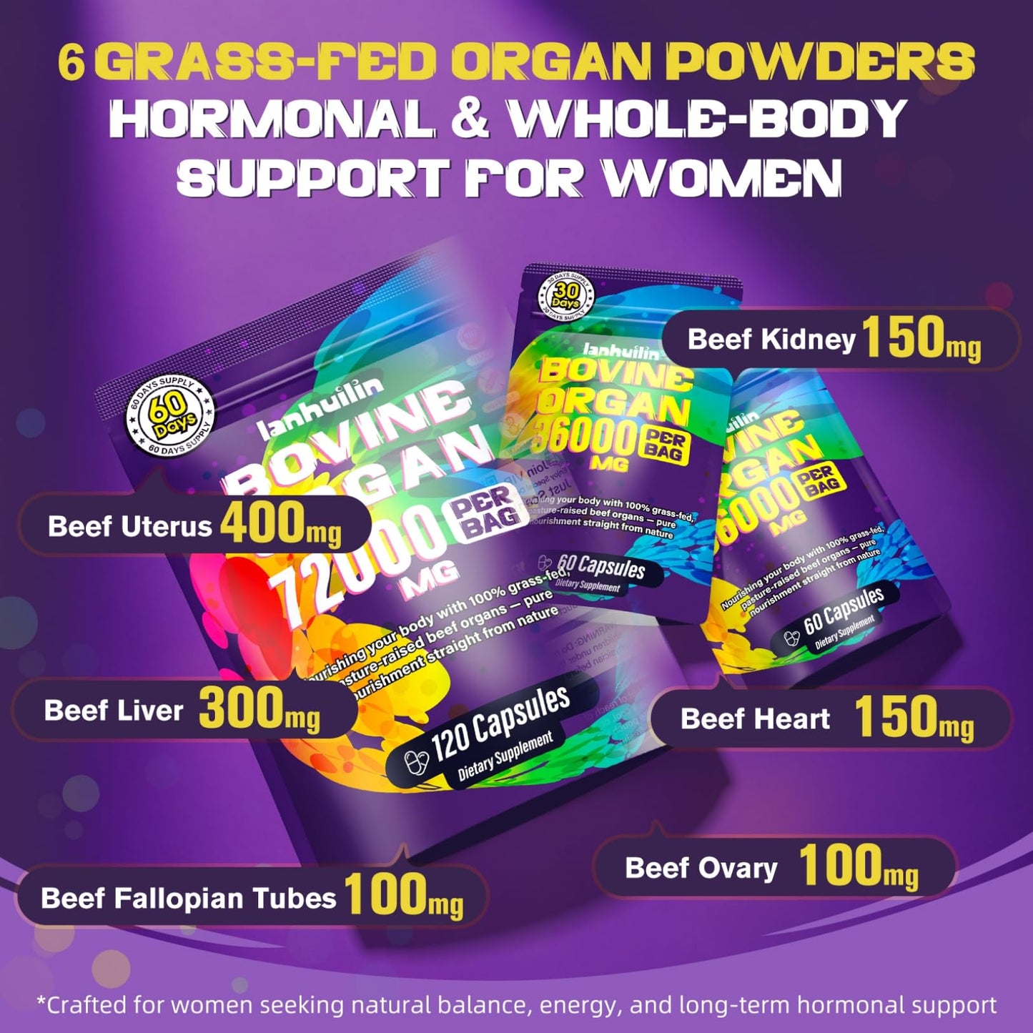Lanhuilin Beef Organ Supplement for Women - 100% Grass Fed Beef Organs with Bovine Liver, Ovary, Uterus, Kidney, Heart & Fallopian Tubes - PMS, Menopause & Energy, Immune & Mood Support, 120 Capsules