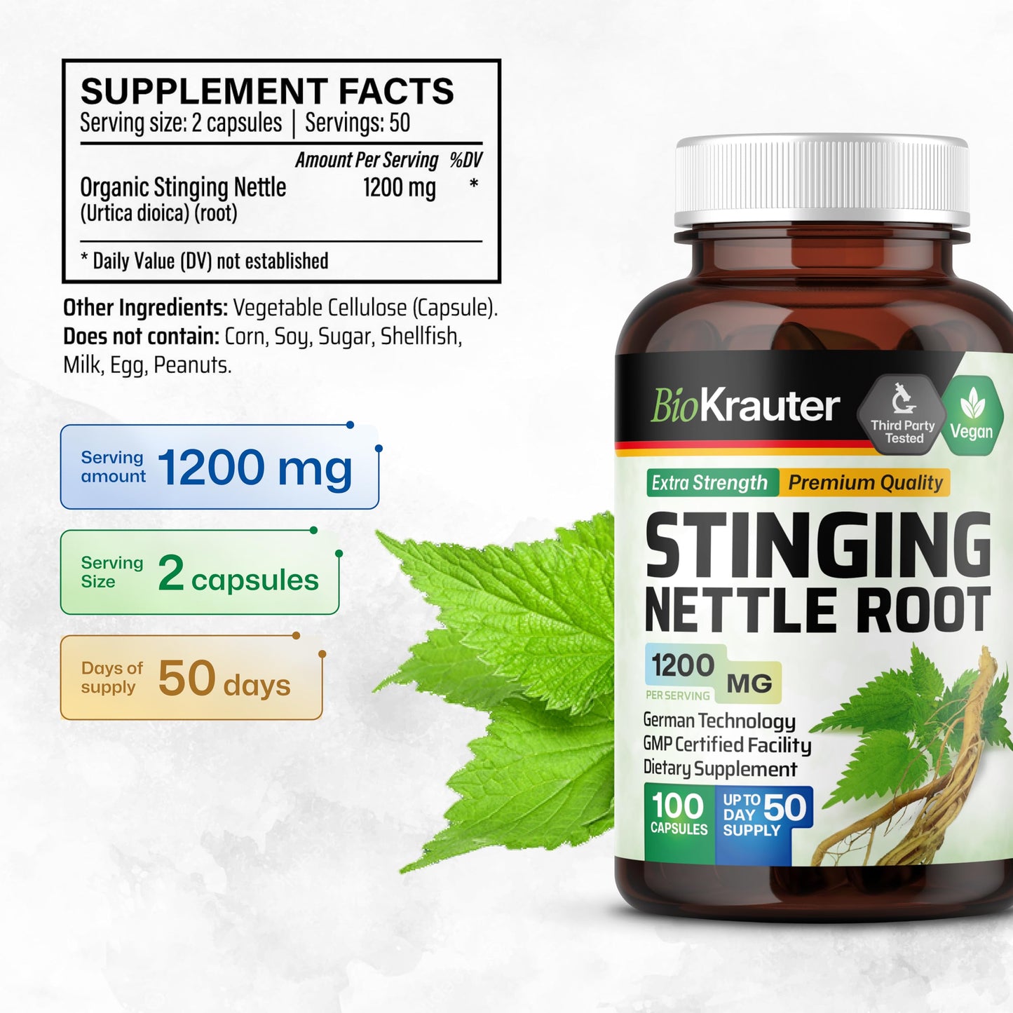 BIO KRAUTER Stinging Nettle Root Supplement (Urtica Dioica) 1200 mg Capsules 100