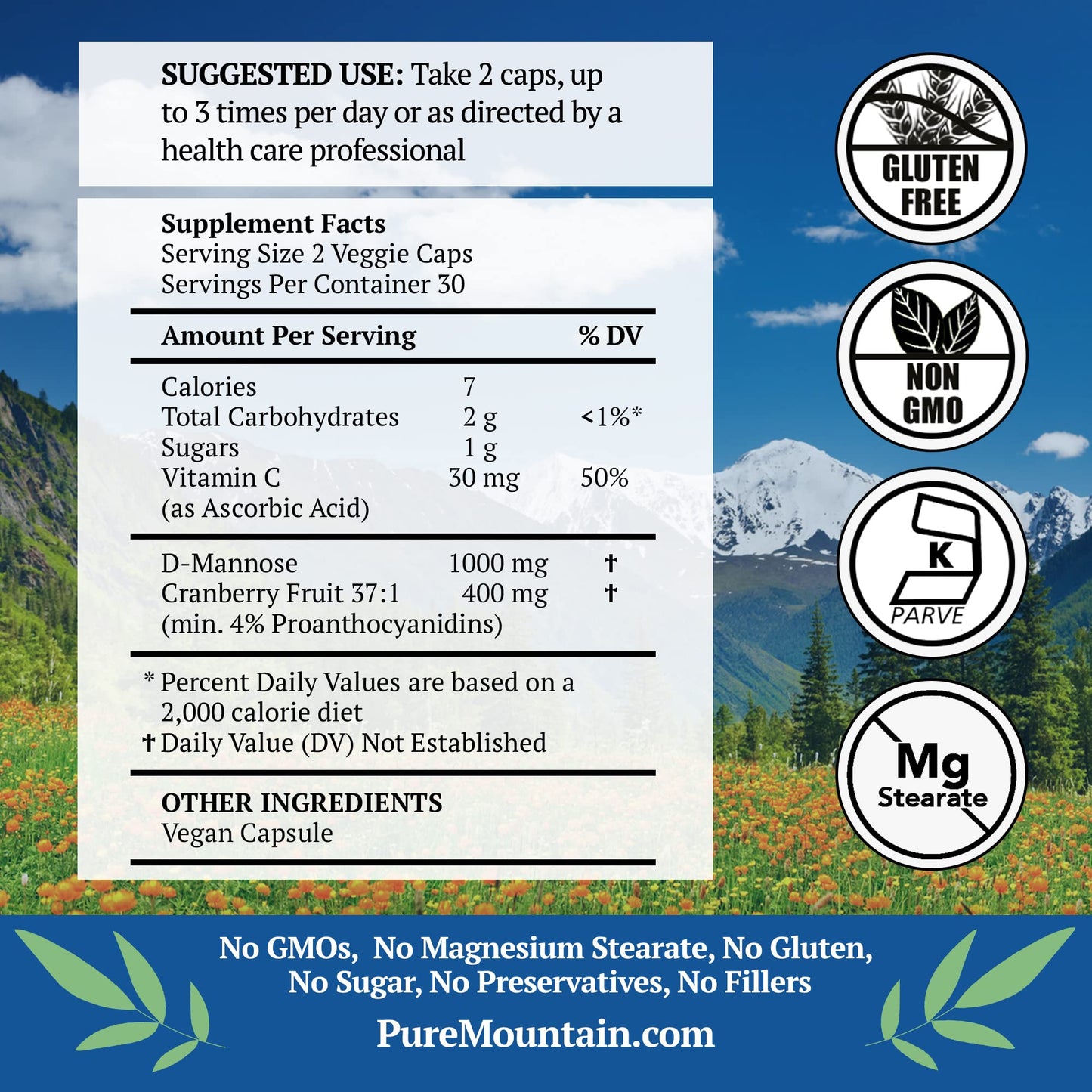 Pure Mountain Botanicals D-Mannose with Cranberry 1000mg Capsules, 60 Count