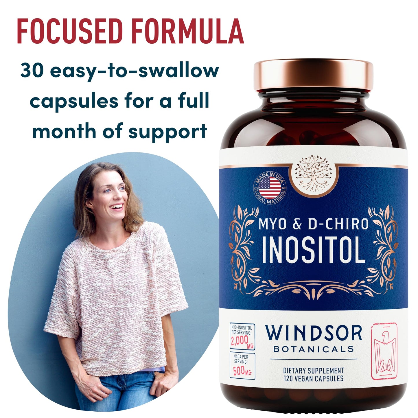 Windsor Botanicals Myo-Inositol & D-Chiro Inositol 40:1 Ratio with Maca Root & Ashwagandha 120 Capsules