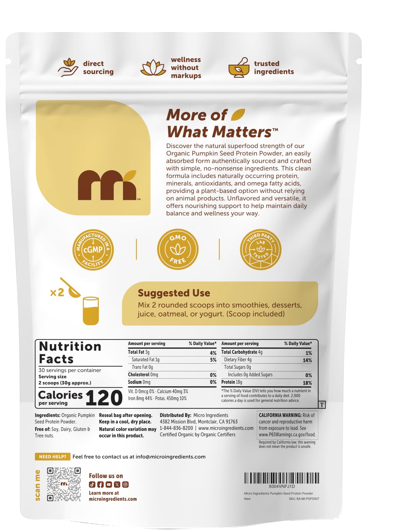 Micro Ingredients Organic Pumpkin Seed Protein Powder 32 Servings