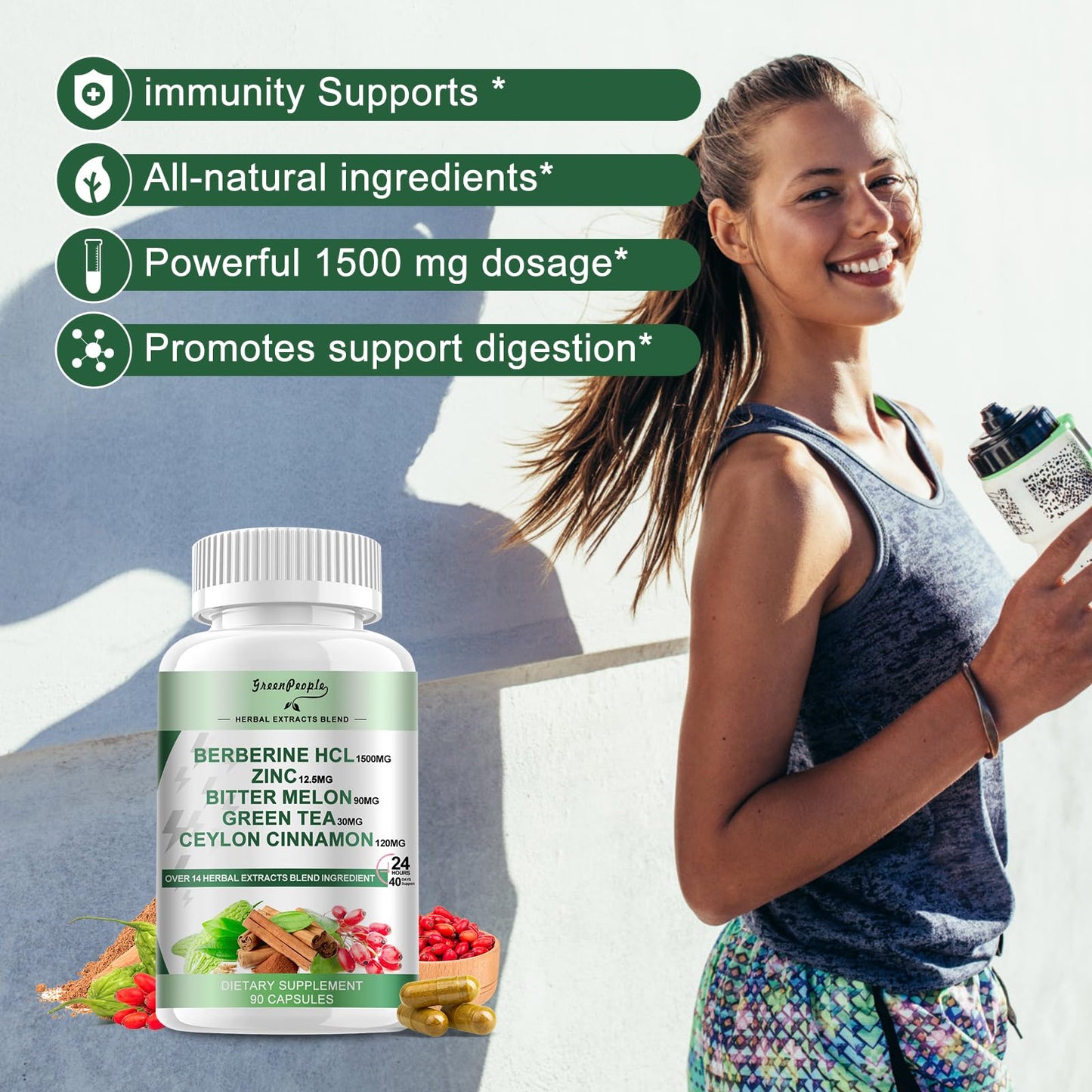 GREENPEOPLE Berberine 1500mg Capsules with Ceylon Cinnamon for Immune Support, 90 Count