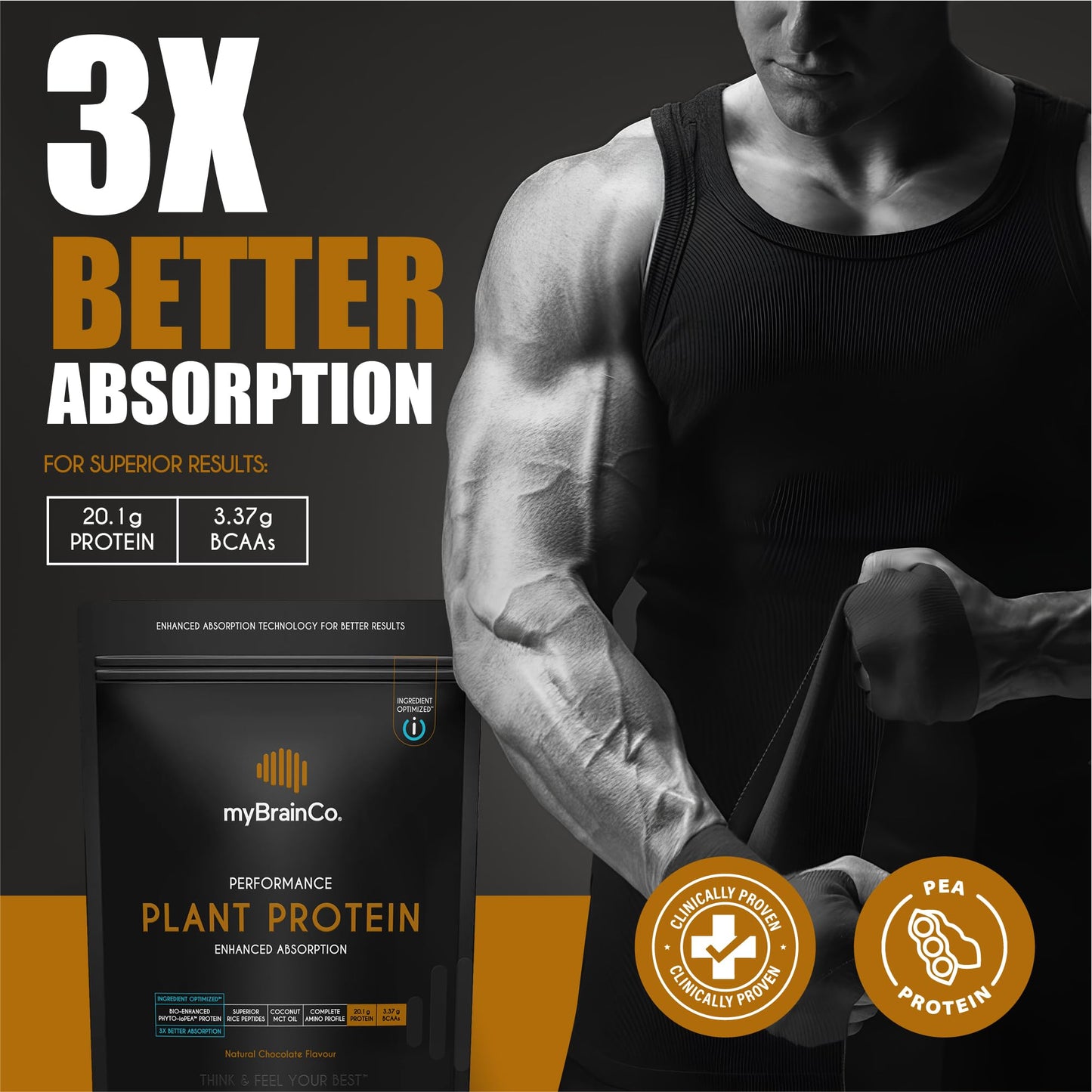 myBrainCo. Bio-Optimized Plant Protein Powder, 15.9 oz, Natural Chocolate