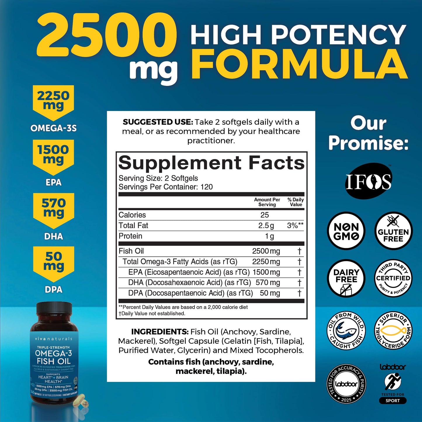 Viva Naturals Omega 3 Fish Oil Supplement for Women and Men - 2500 mg Triple Strength Fish Oil Pills with Re-Esterified Omega 3 Fatty Acids Including EPA, DHA DPA - 240 Pescatarian-Friendly Softgels