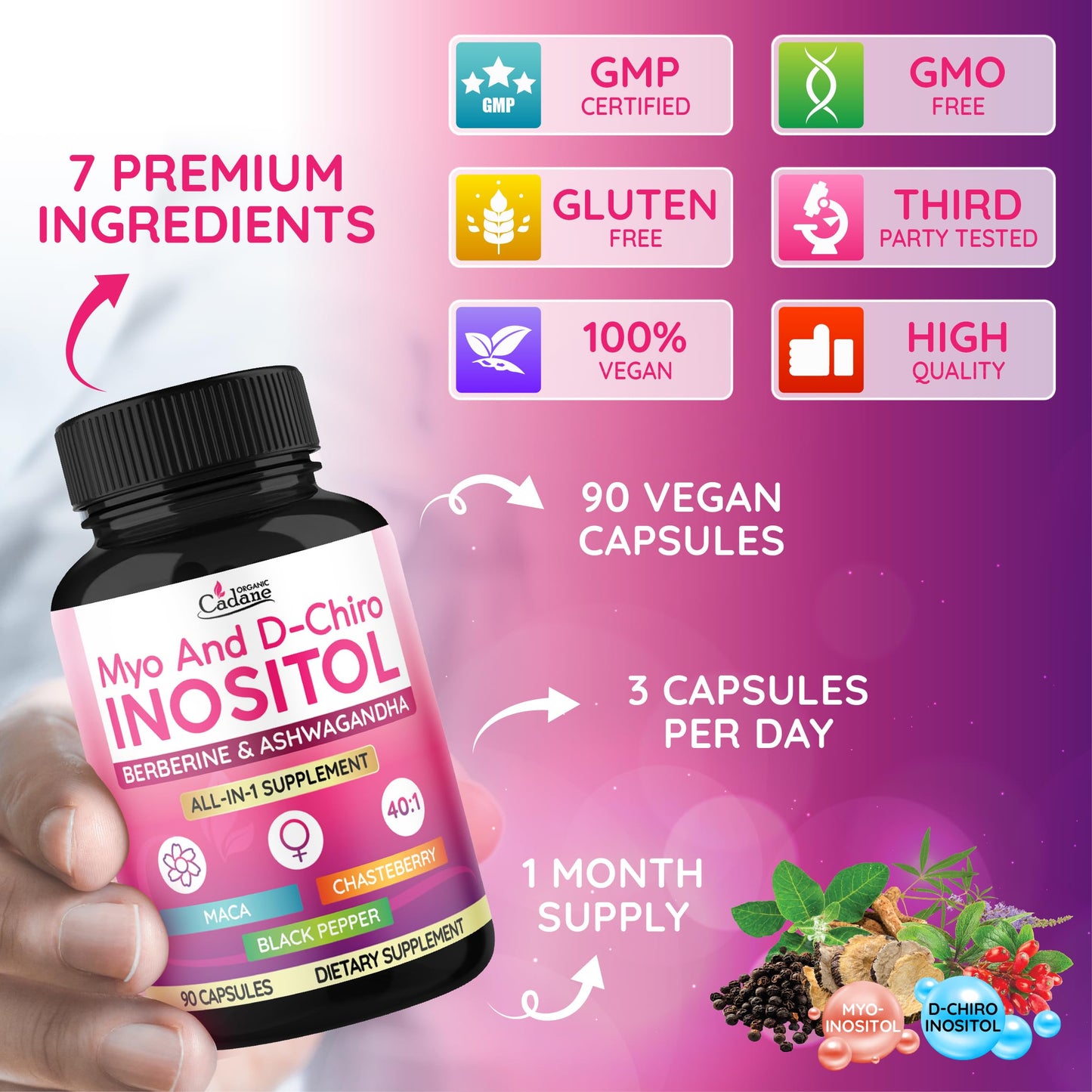 Organic Cadane Myo & D-Chiro Inositol Supplement Capsules 90 Capsules