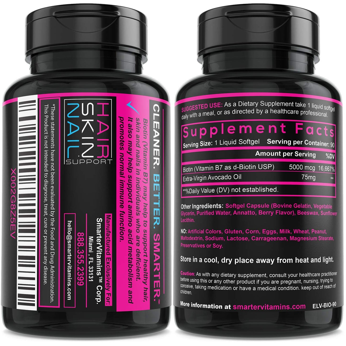 SmarterVitamins Biotin 5000mcg Vitamin B7 Avocado Oil Hair Skin Nails Non-GMO Softgels 90 Count