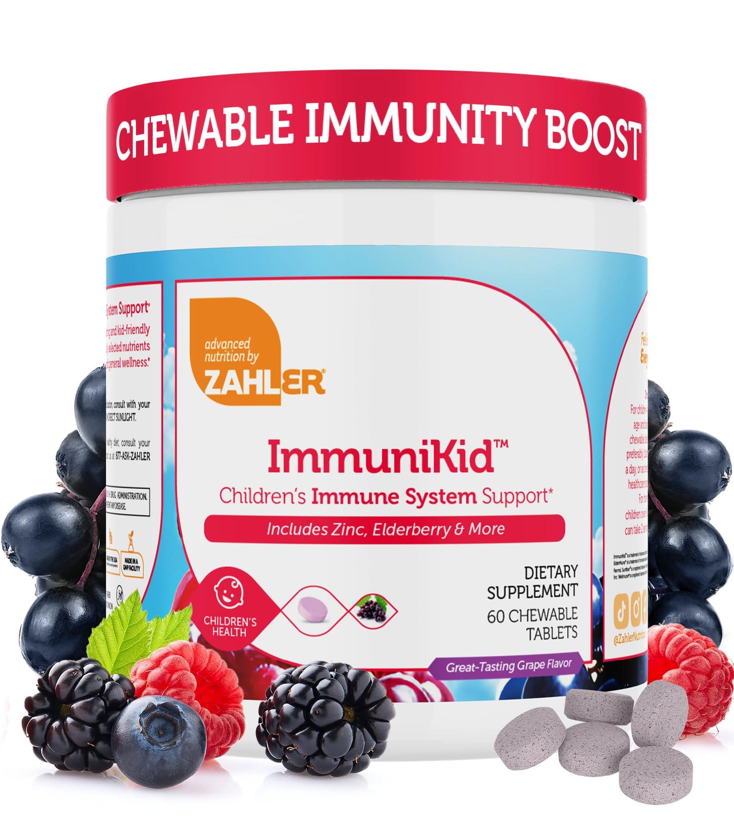 Zahler Kids Immune Support Supplement with Elderberry, Zinc and Vitamin C D3 A - Grape Flavored, 60 Tablets