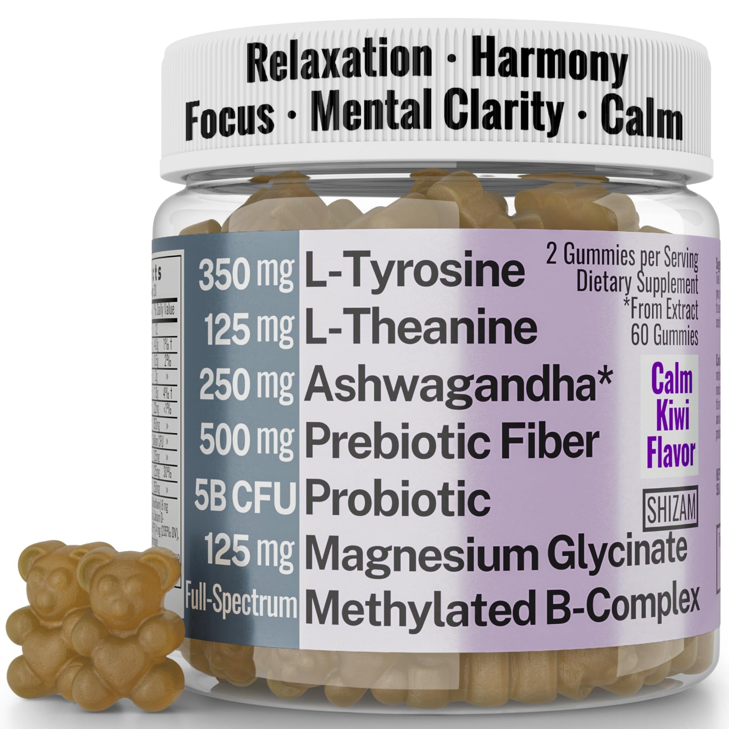 SHIZAM L-Tyrosine L-Theanine Methylated Vitamin B Complex Magnesium Glycinate Probiotic Fiber for Kids Adults Men Women with Chicory Root Inulin 5-MTHF B12 P5P B6 B9 B5 B3 Gummies 60 Count