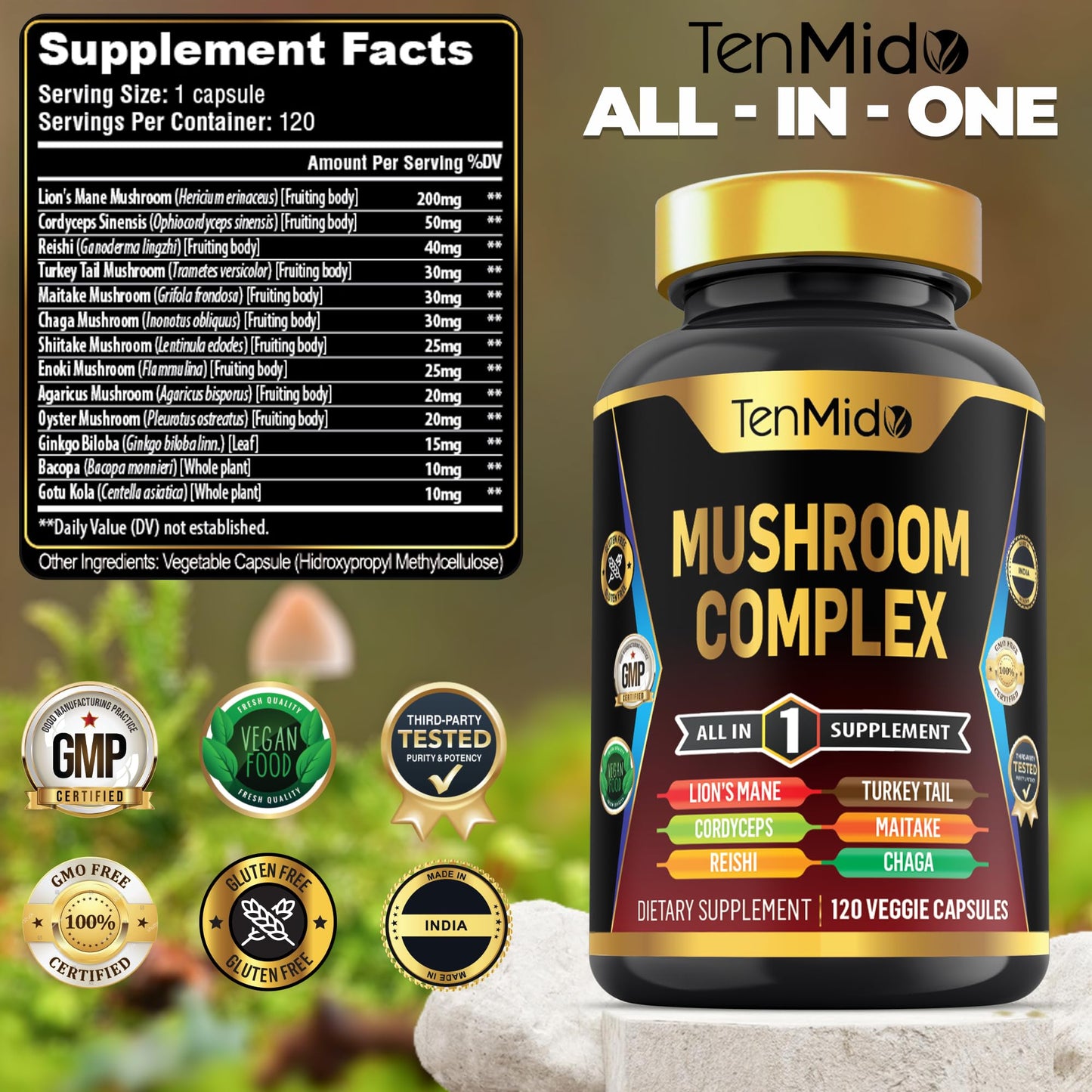 Tenmido Mushroom Complex Supplement Capsules 120 Count