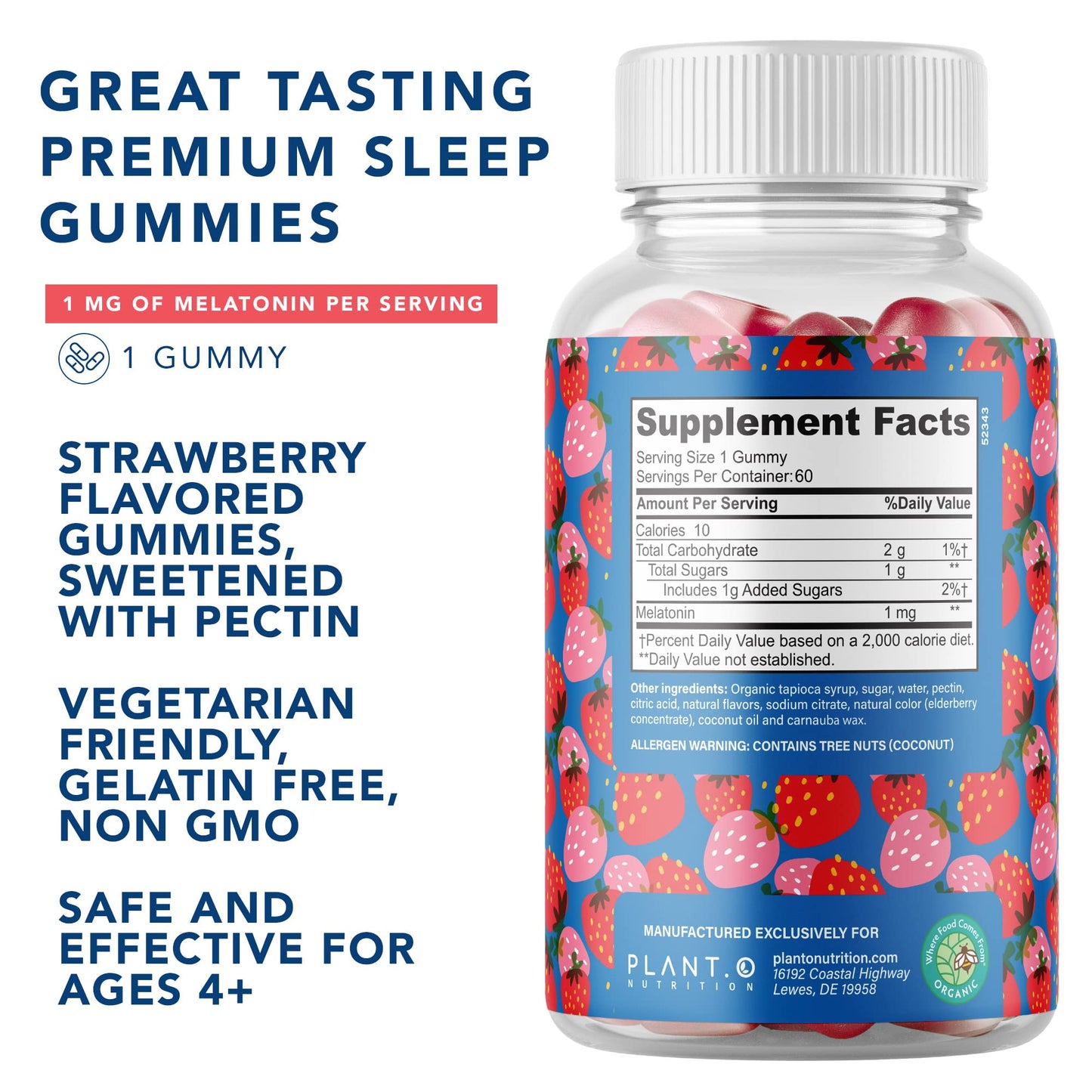 PLANT.O NUTRITION Kids Melatonin Gummies Chewables, 60 Count