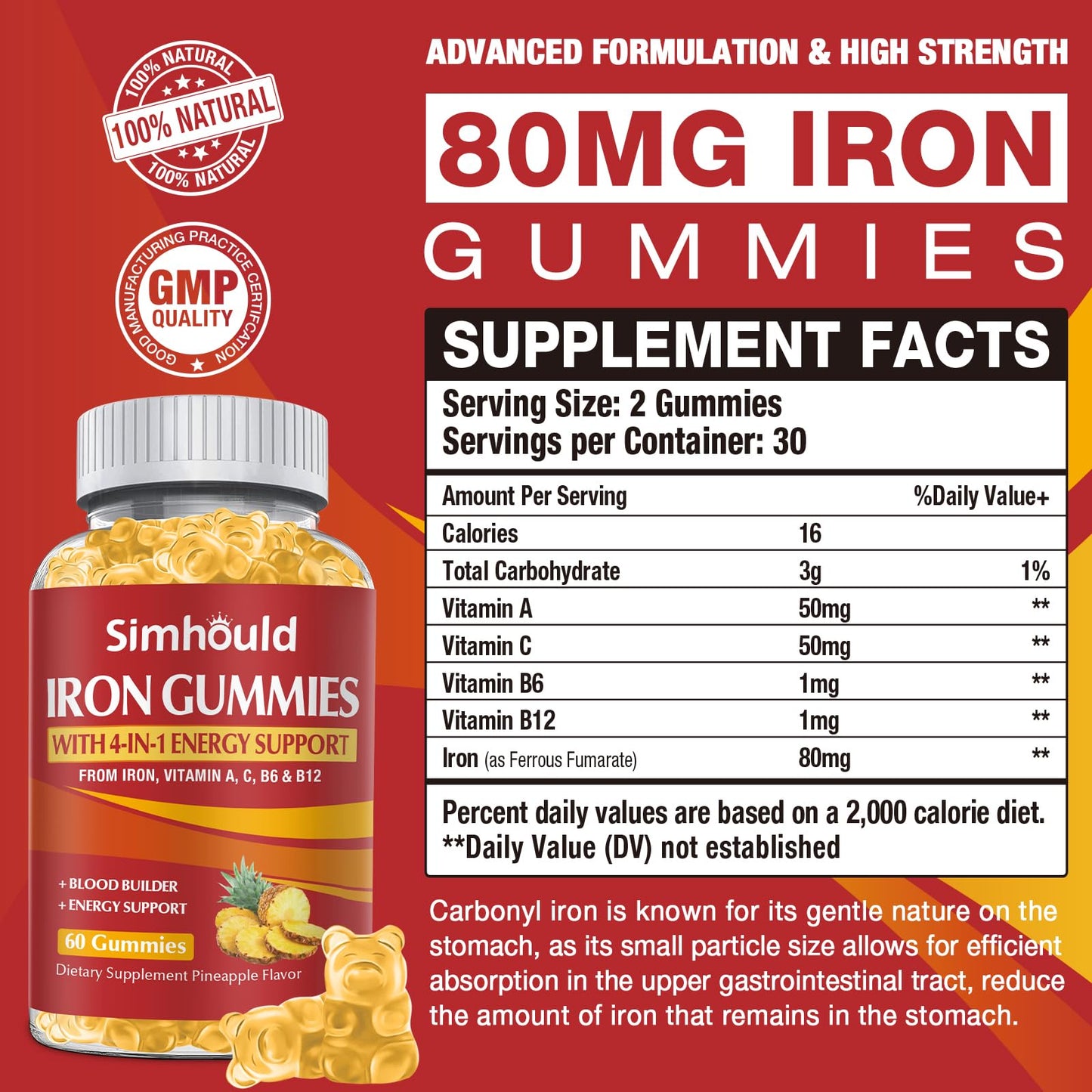 Simhould Vegan Iron Gummies 80mg, 60 Count
