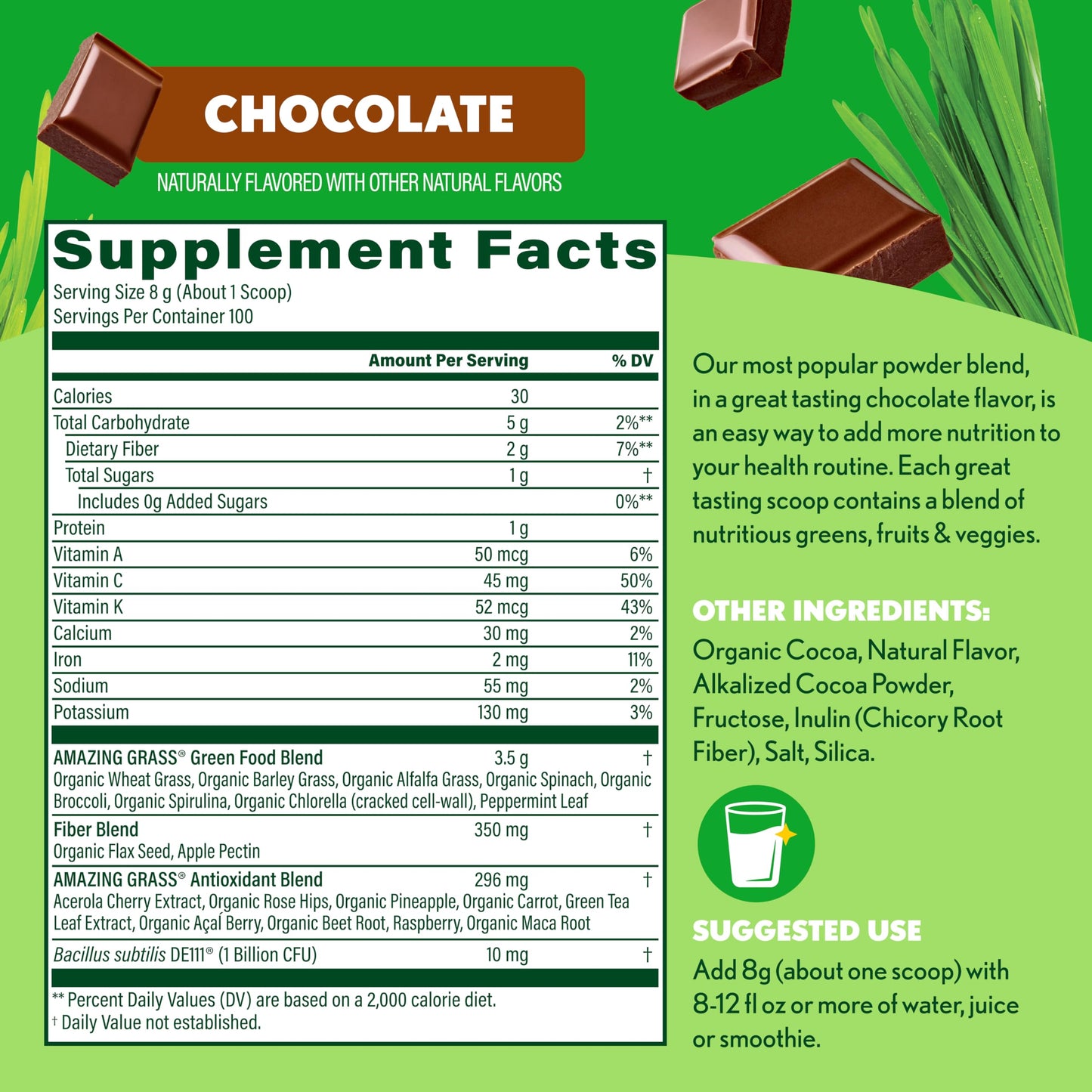 Amazing Grass Greens Blend Superfood: Super Greens Powder Smoothie Mix with Organic Spirulina, Beet Root Powder, Chlorella, Prebiotics & Probiotics, Chocolate, 28.1 oz