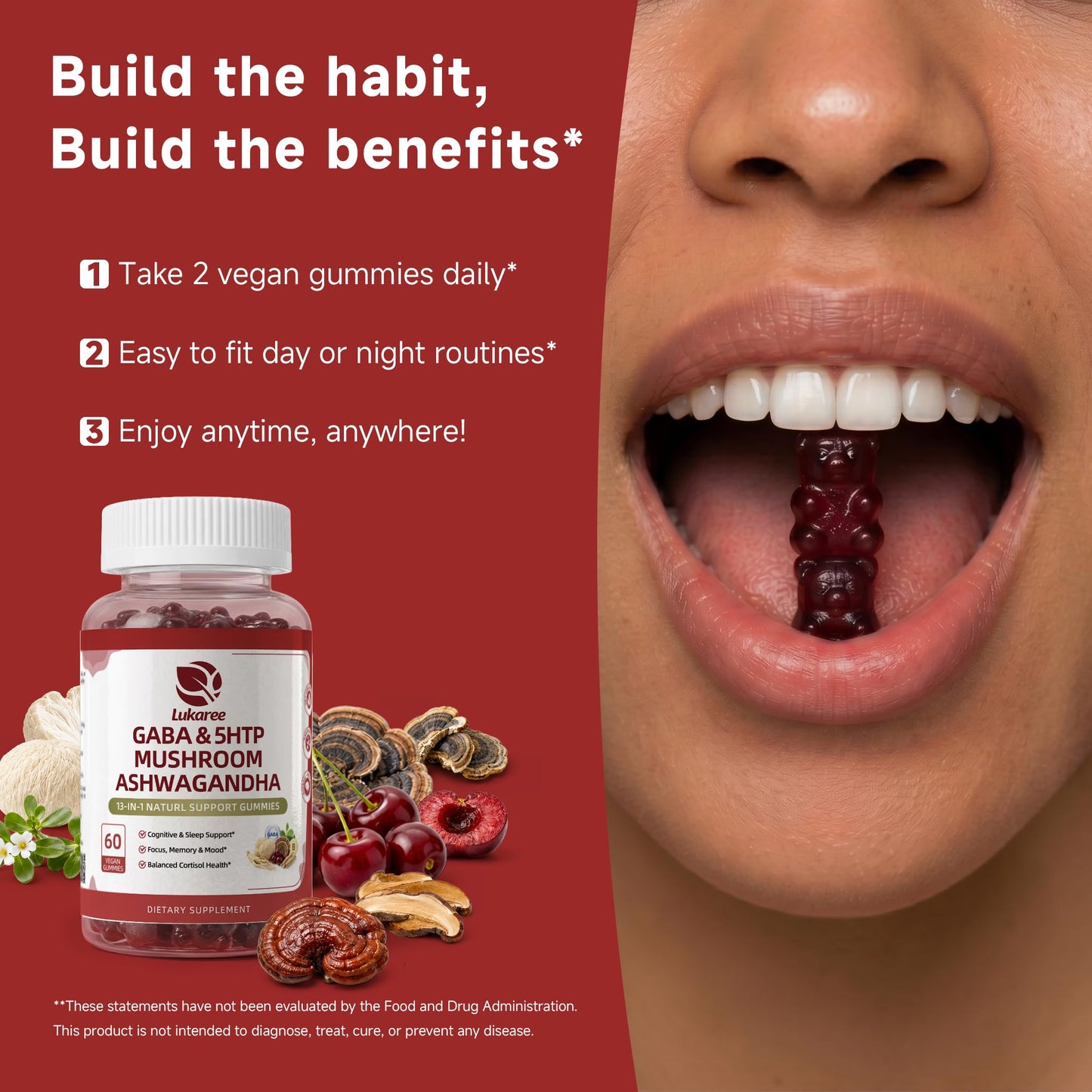 Lukaree Mushroom & GABA Supplement for Restful Sleep, Mood & Cognitive Gummies, 180 Gummies