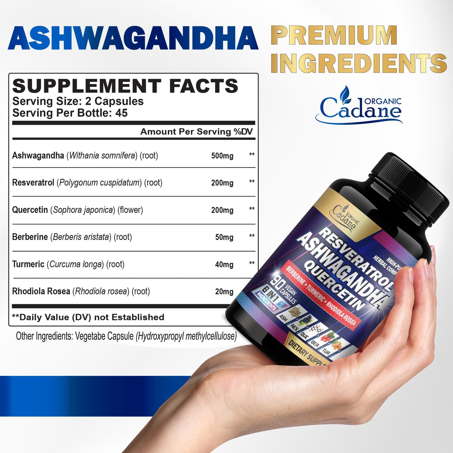 Organic Cadane Ashwagandha Supplements 90 Capsules