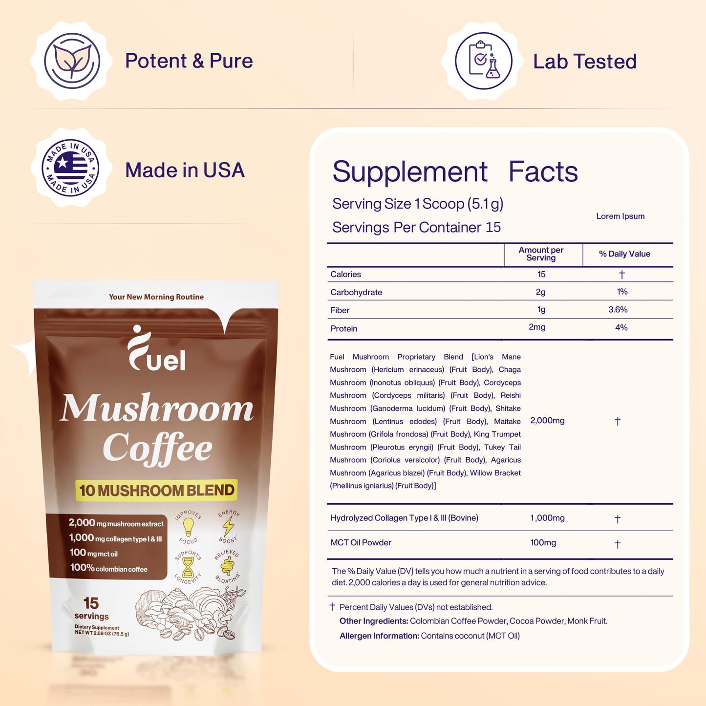 Fuel Collagen & Mushroom Coffee Powder 5.3 Ounce