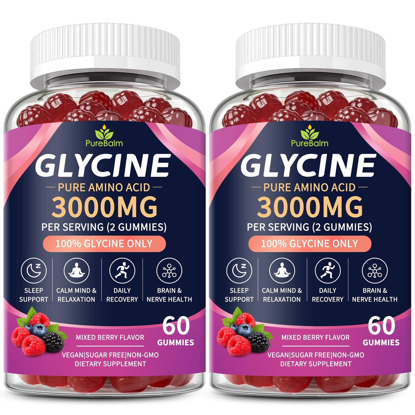 PureBalm Glycine Gummies 3g, Supports Sleep, Muscle Recovery & Nerve System Health, Melatonin Free, Sugar Free, Vegan-Mixed Berry Flavor, 120 Gummies