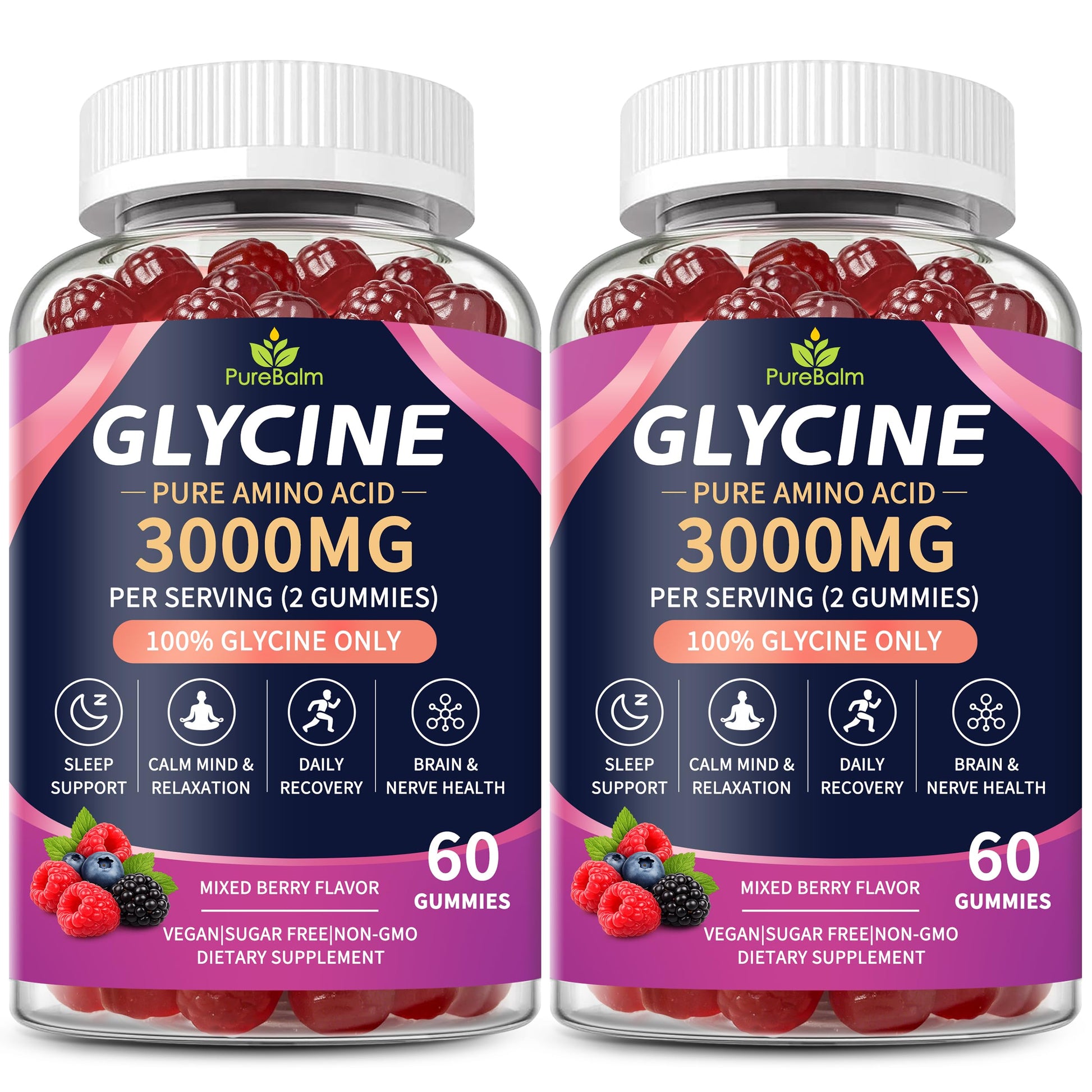 PureBalm Glycine Gummies 3g, Supports Sleep, Muscle Recovery & Nerve System Health, Melatonin Free, Sugar Free, Vegan-Mixed Berry Flavor, 120 Gummies