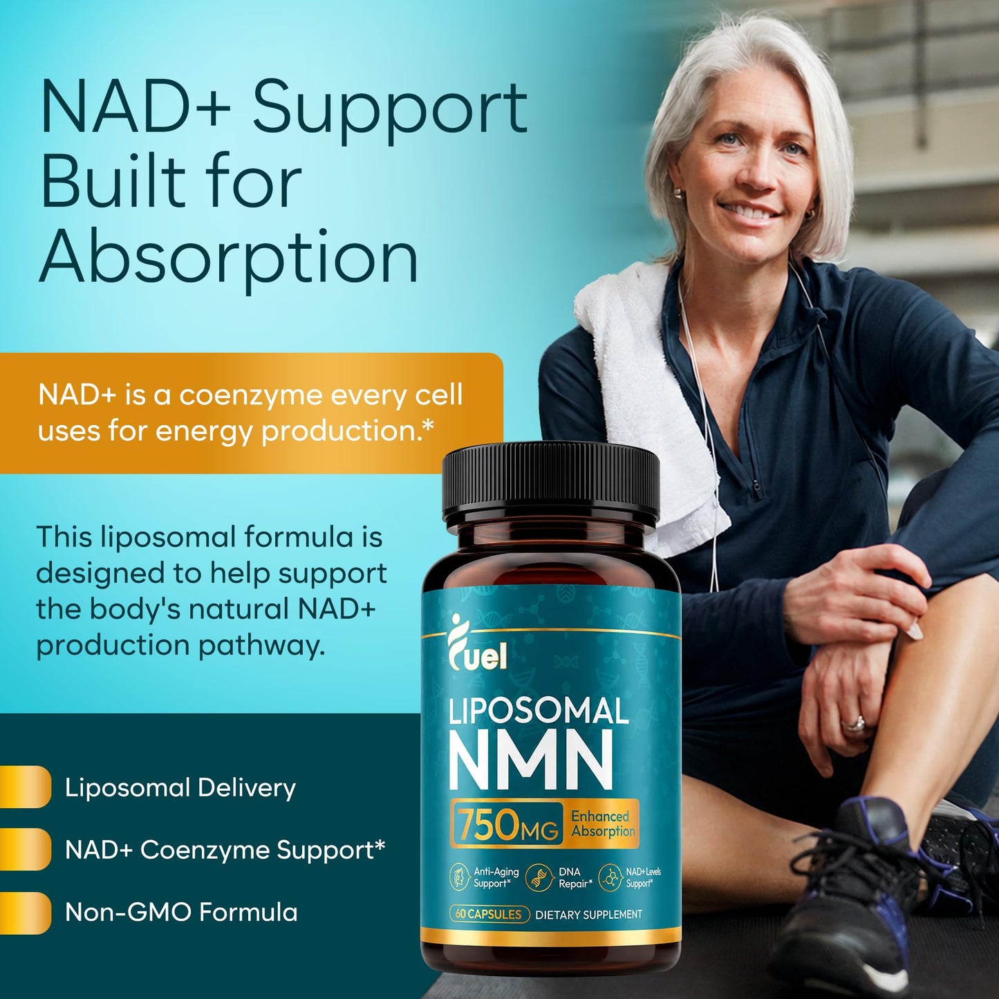 Fuel Liposomal NMN 750mg per Serving (500mg NMN + 250mg TMG) Capsules 60 Count