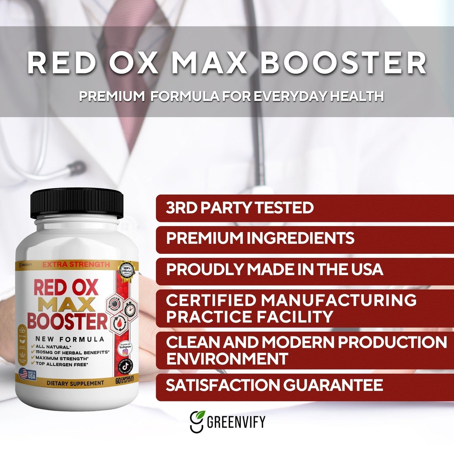 GREENVIFY Red Ox Max Booster Dietary Supplement, Organic Maca Root, 60 Capsules