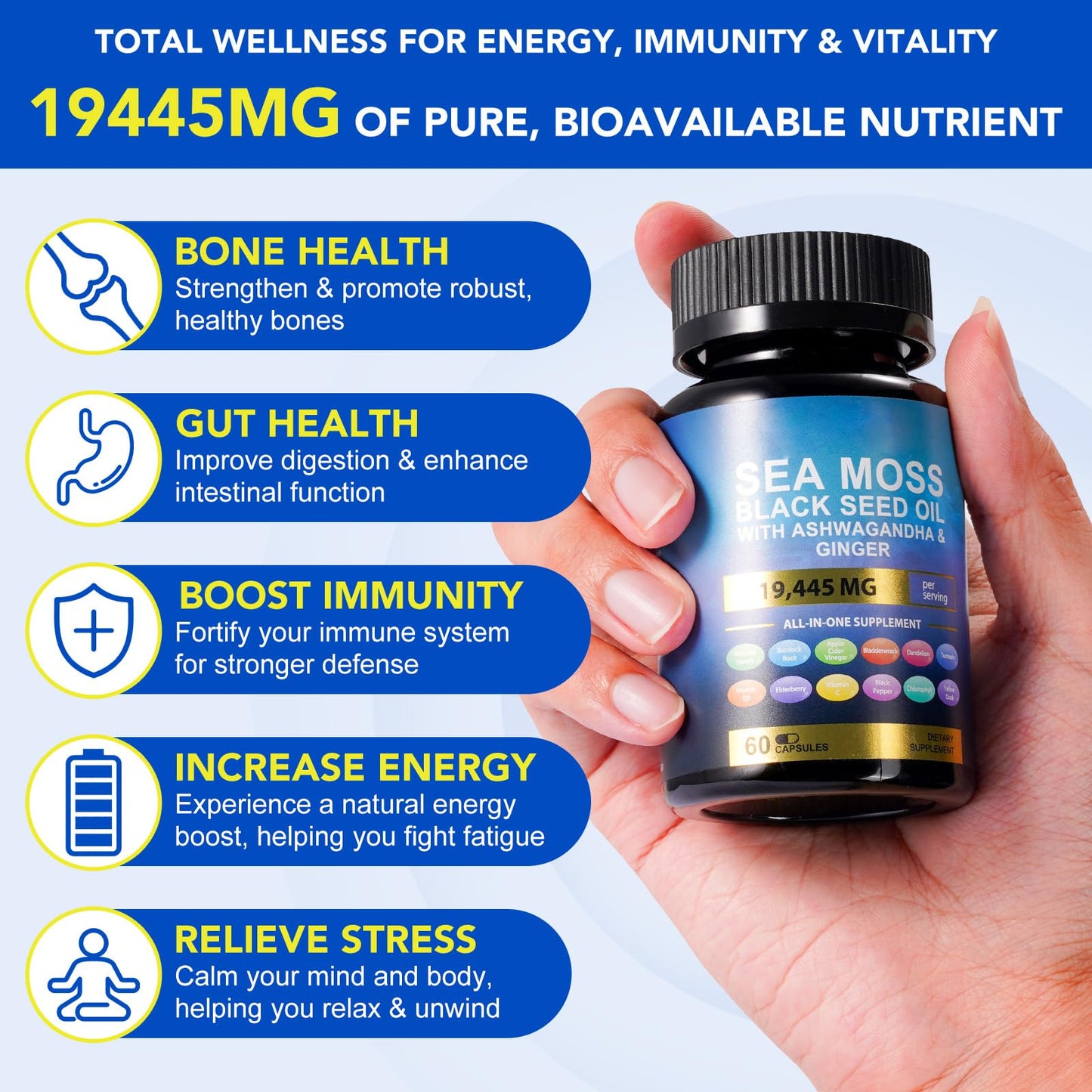 Vortexonix Sea Moss & Black Seed Oil with Ashwagandha, Ginger & Turmeric Softgels, 60 Count
