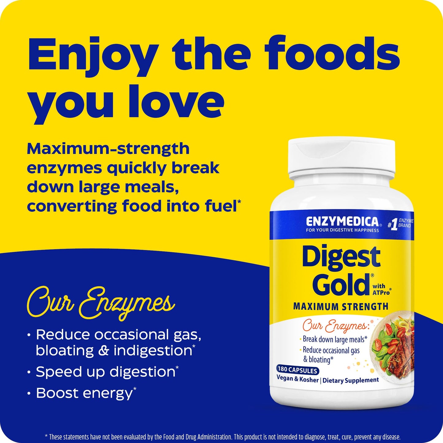 Enzymedica Digest Gold with ATPro, Daily Digestive Support Supplement with Enzymes and ATP, 180 Capsules