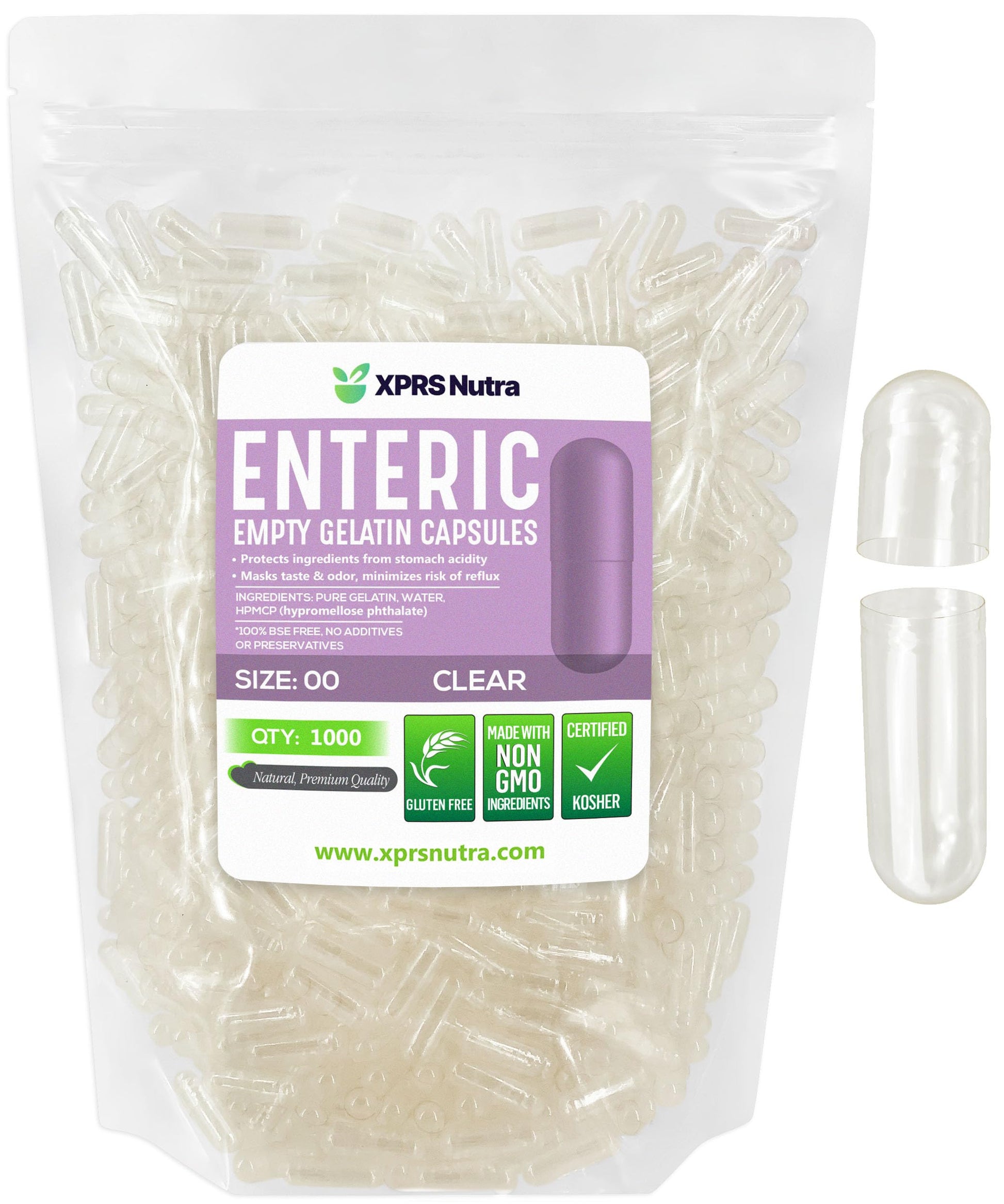 XPRS Nutra Size 00 Empty Gelatin Capsules, Enteric Coated, 1000 Count