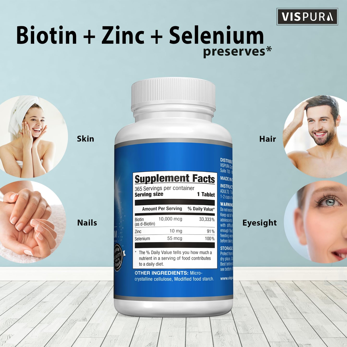VISPURA Biotin 10000 mcg + Zinc + Selenium, 365 Tablets