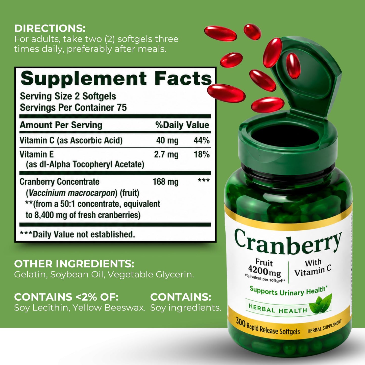 Generic Cranberry Supplement for Women 4200mg with Vitamin C and Vitamin E – Urinary Tract Health Support Softgels 300
