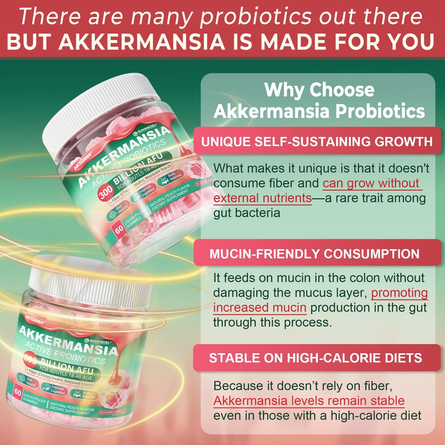 Nextdia Akkermansia Probiotics Gummies with Prebiotics Fiber & Calcium + D3 & Magnesium, 120 Gummies