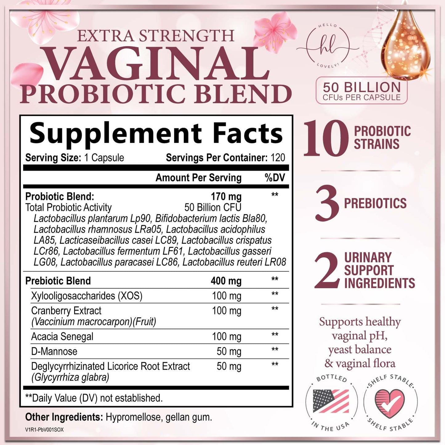 Hello Lovely! Vaginal Probiotics for Women Capsules, 120 Count, 50 Billion CFU per Capsule