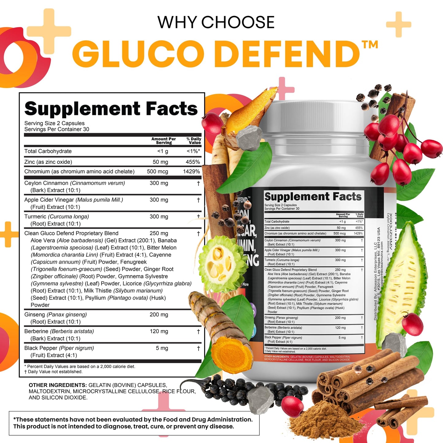Clean Nutraceuticals Ceylon Cinnamon + Berberine Turmeric Apple Cider Vinegar Ginseng Bitter Melon Gymnema Milk Thistle Fenugreek Supplement Capsule, 60 Count