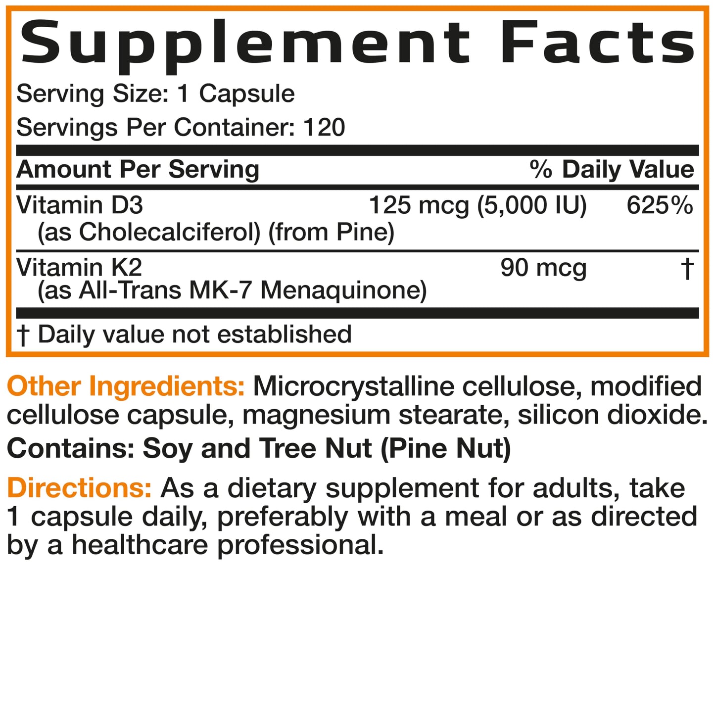 Bronson Vitamin K2+D3 Vegan 2 in 1 Support Vitamin K2 As MK-7 Capsules 120