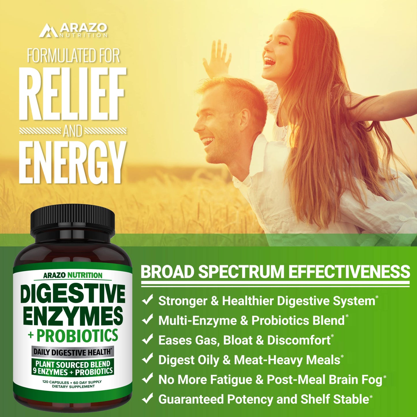 Arazo Nutrition Digestive Enzymes with Probiotics - Multi Enzyme Nutritional Supplement - Acidophilus Bromelain Papaya Papain Lipase & Lactase - Improve Digestion 120 Capsules