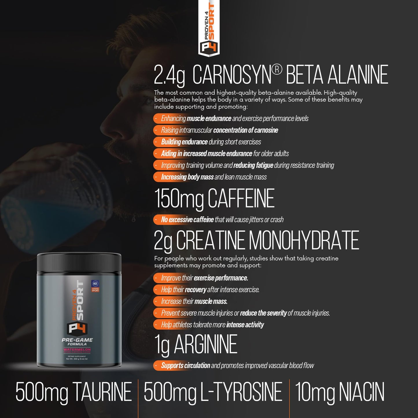 Proven4 Sport Pre Workout Powder with Creatine and Beta Alanine, Watermelon Flavor, 10.56 oz
