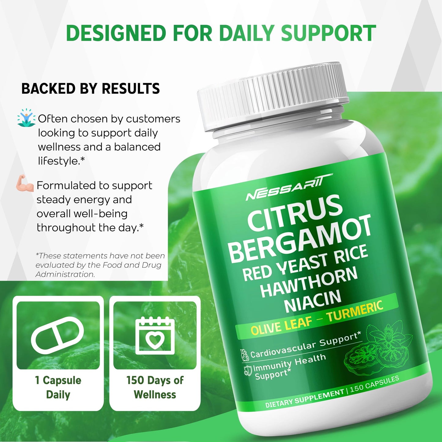 NESSARIT Citrus Bergamot Supplement 15-in-1 Natural Blend with Red Yeast Rice Hawthorn Olive Leaf Odorless Garlic Turmeric Ginger Fenugreek Capsule, 150 Count
