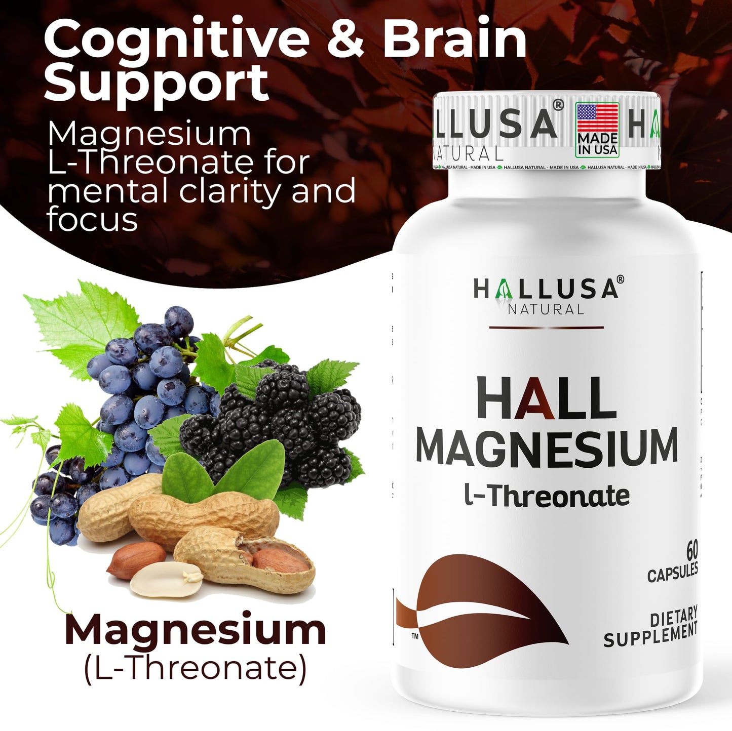 Hallusa Natural Magnesium L-Threonate 2000 mg 60 Capsules