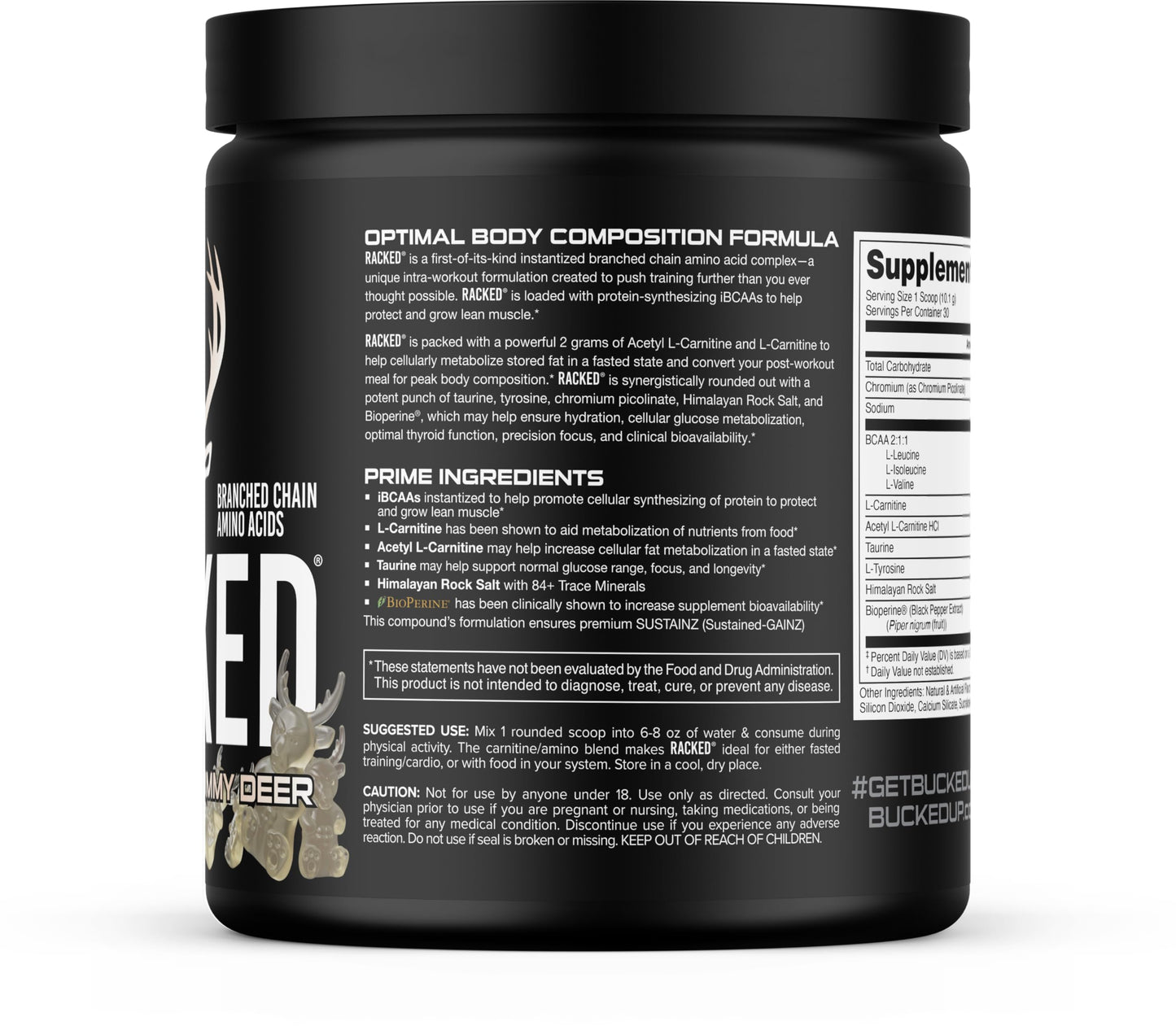 Bucked Up Racked White Gummy Deer Intra Workout BCAA 2-1-1 Formula with L-Carnitine Acetyl-L-Carnitine Taurine and L-Tyrosine Powder 10.7 Ounces