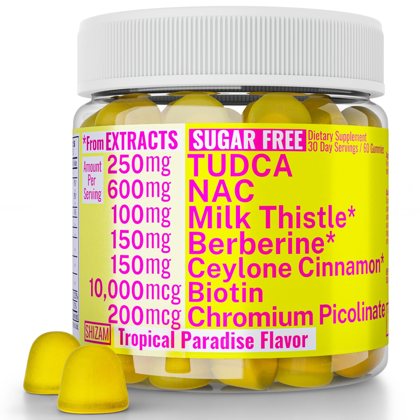 SHIZAM Sugar Free Gummies with Chromium Picolinate, TUDCA, NAC, Organic Ceylon Cinnamon, Milk Thistle, Berberine 60 Count
