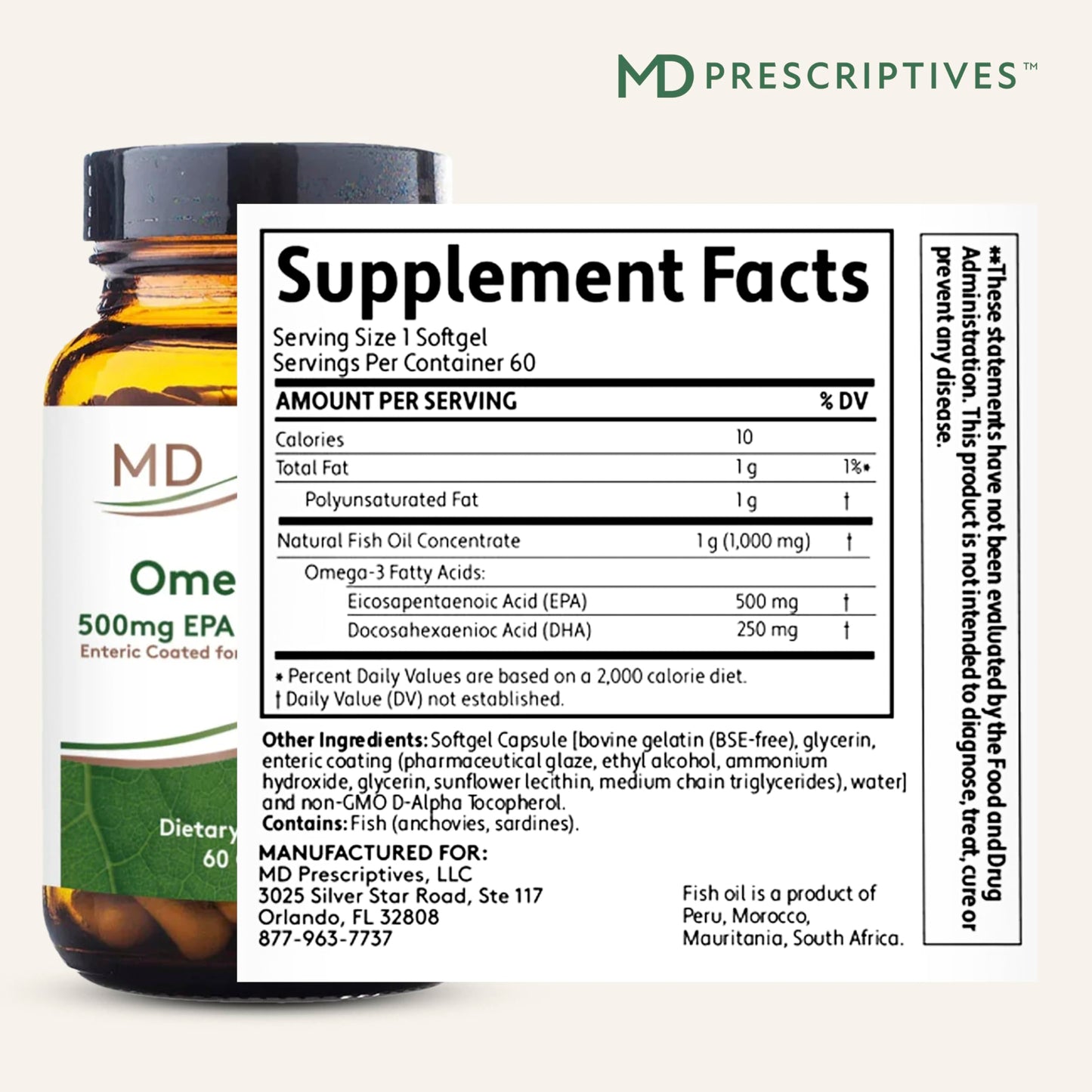 MD Prescriptives Omega MD Supplement - 500 EPA & 250 DHA Omega-3 Fish Oil Softgels, 60 Softgels