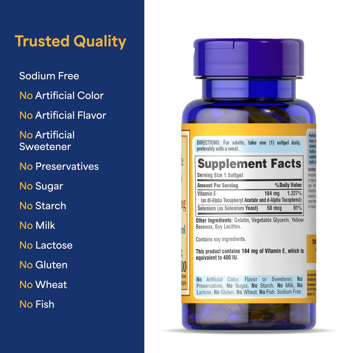 Puritan's Pride Vitamin E 184mg (400 IU) with Selenium 50mcg Softgels, 100 Count