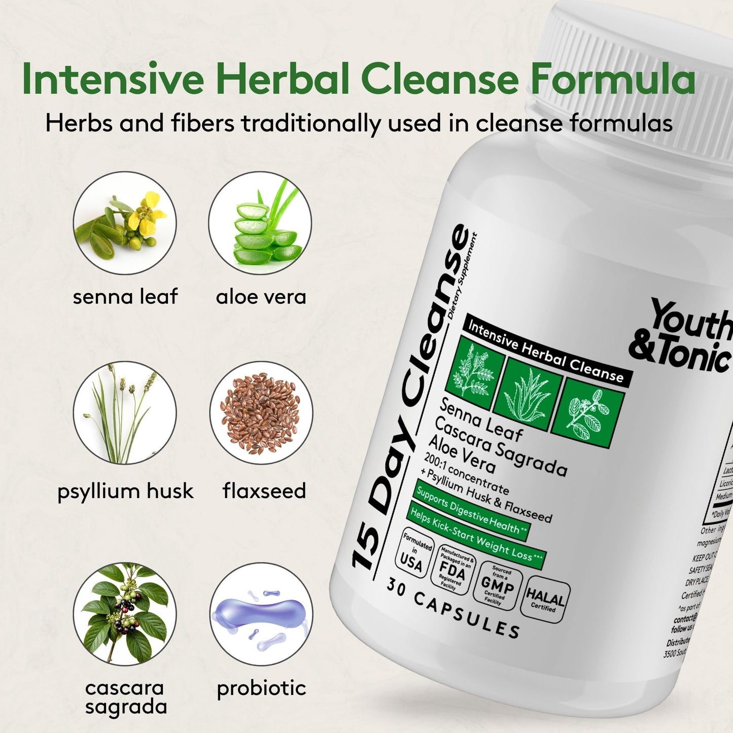 Youth & Tonic 15 Day Colon Cleanse and Probiotic Enhanced Apple Cider Vinegar Detox Capsules, 180 Count