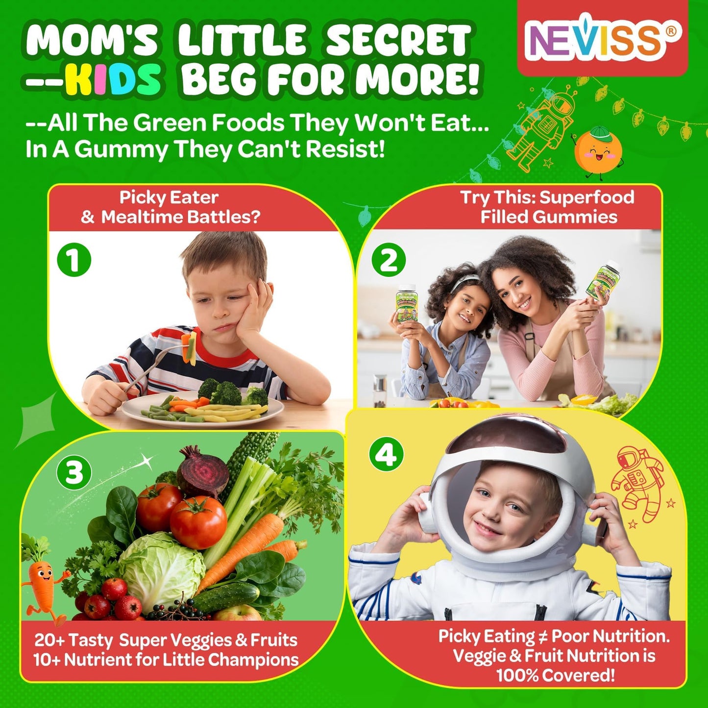 NEVISS Kids & Teens Multivitamin Gummies with Iron, Omega-3, D3, K2 – 120 Gummies