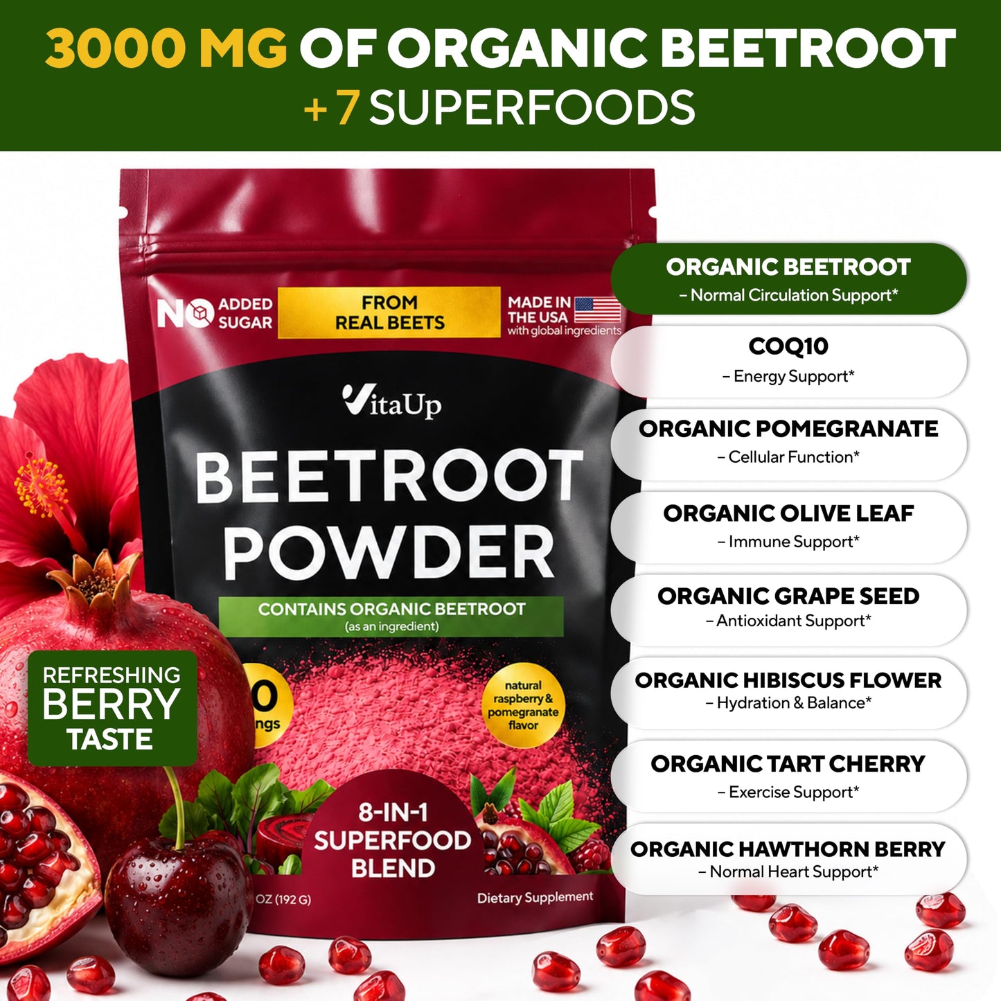 VitaUp Beet Root Powder 8 in 1 with Grape Seed, Hawthorn, CoQ10 – Organic Beetroot for Normal Circulation & Energy Support, 6.7 Ounce