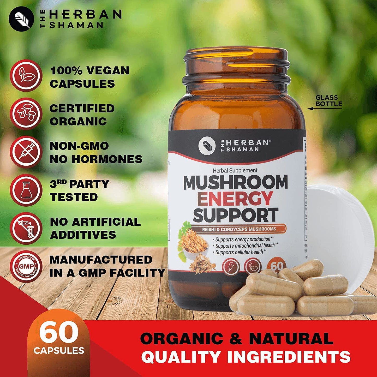The Herban Shaman Mushroom Supplement Energy Support Capsules, 60 Capsules